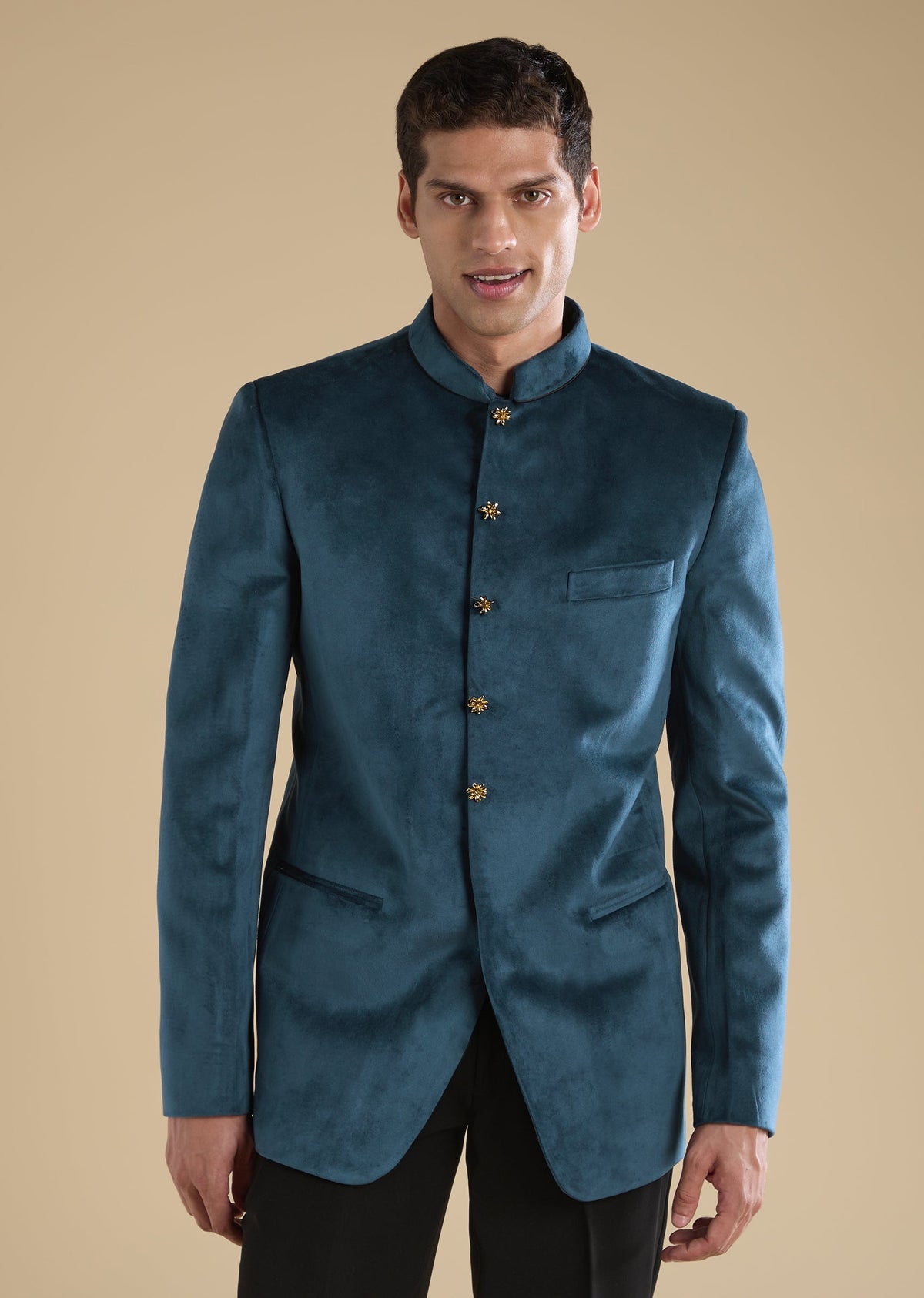 Teal Suede Tuxedo Set With Shirt And Trousers