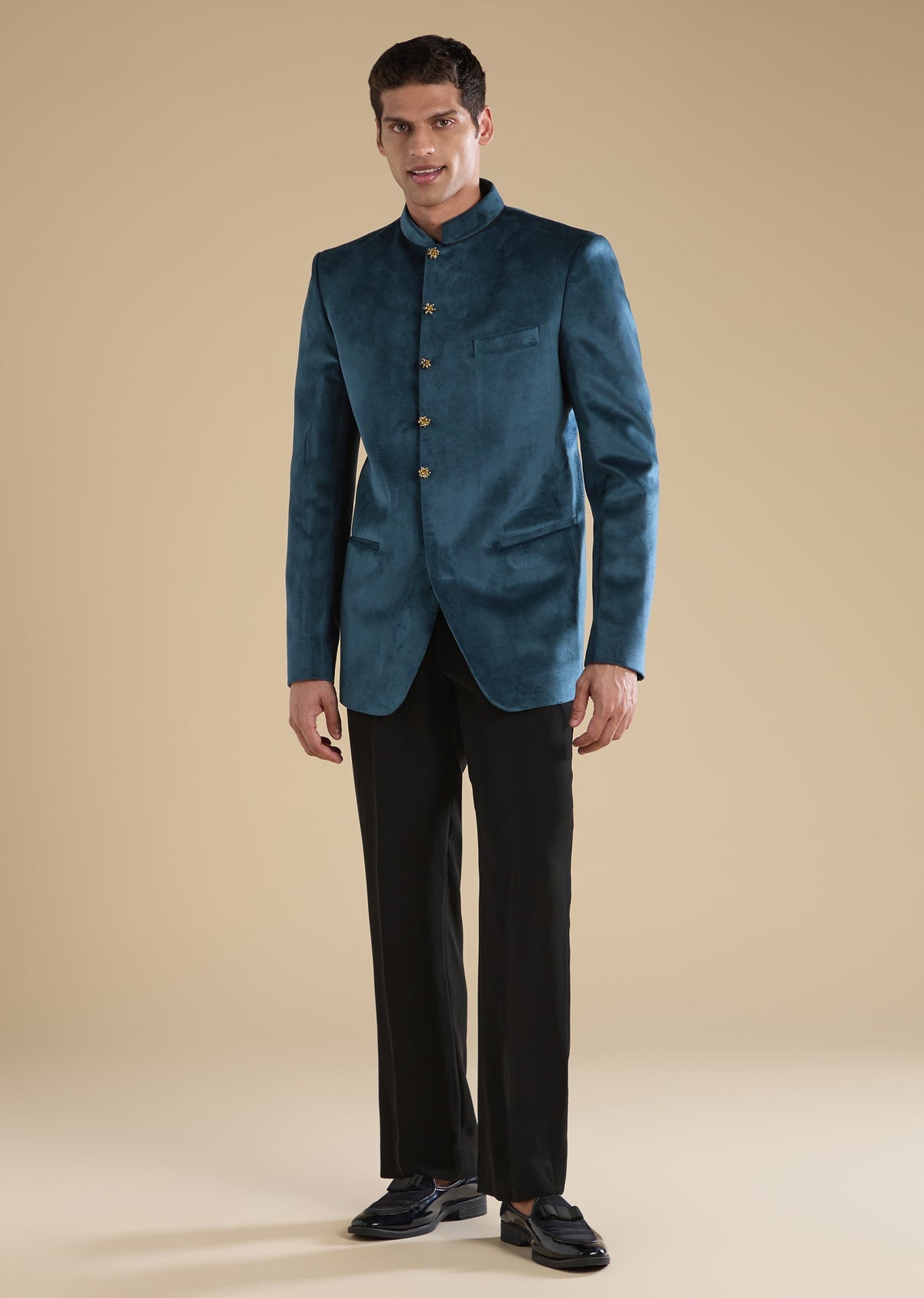 Teal Suede Tuxedo Set With Shirt And Trousers