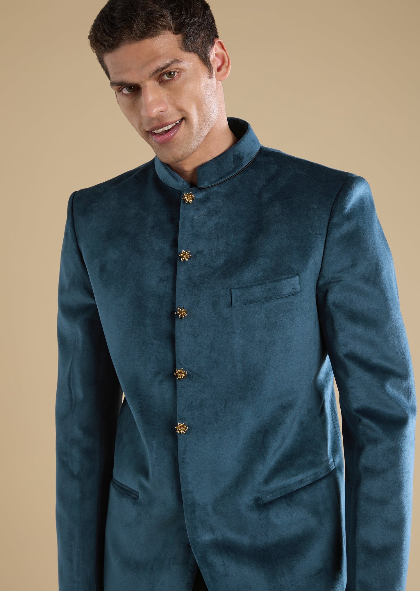 Teal Suede Tuxedo Set With Shirt And Trousers