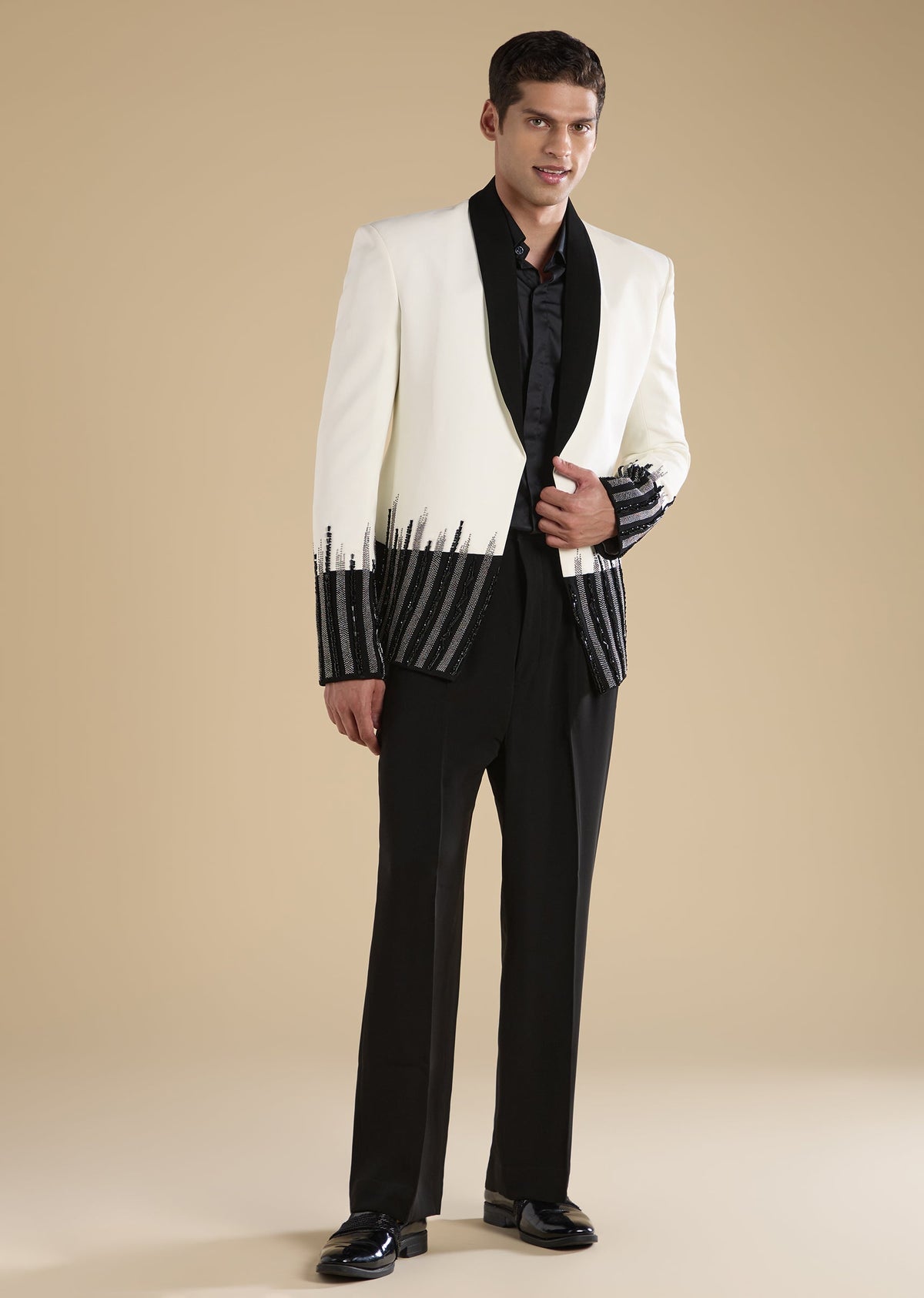 White Embellished Tuxedo Set With Shirt And Trousers