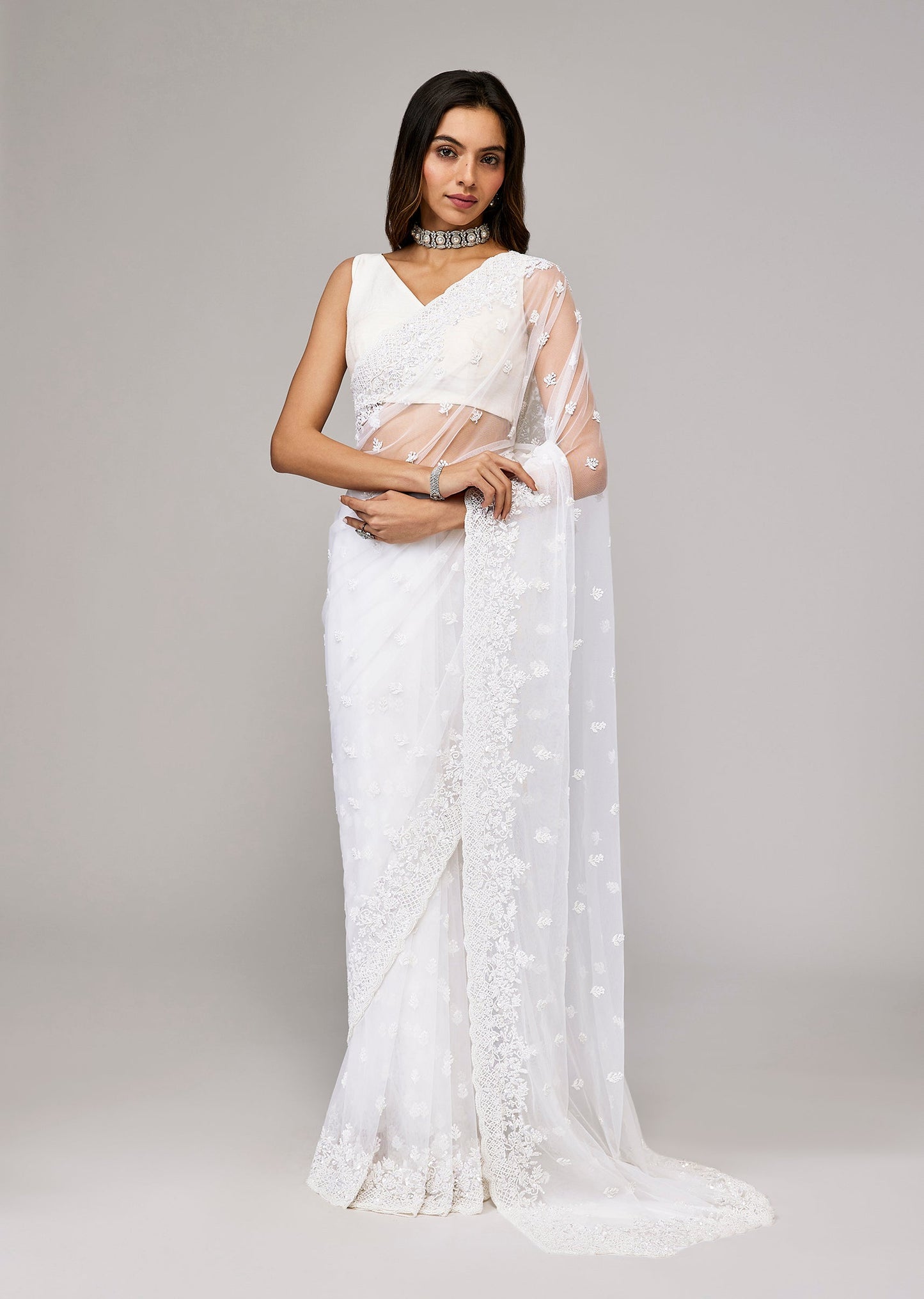 White Net Saree With Embroidered Butti Work