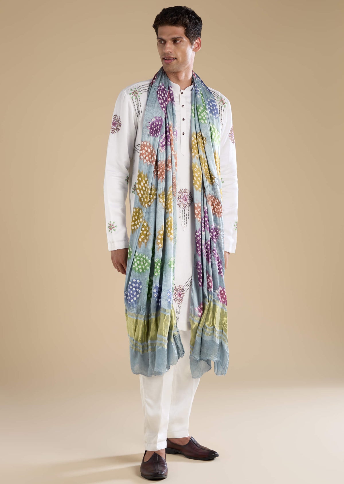 White Hand Embroidered Silk Kurta And Pant Set