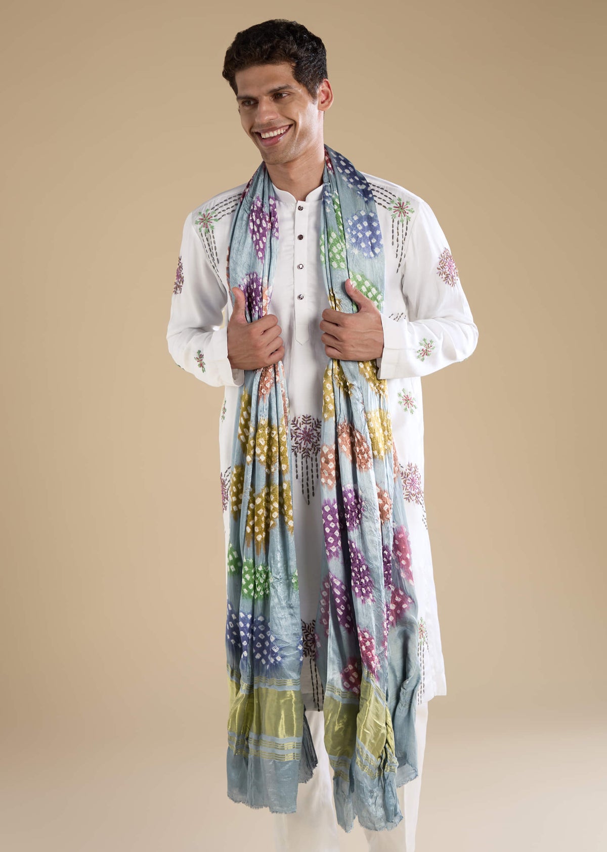 White Hand Embroidered Silk Kurta And Pant Set