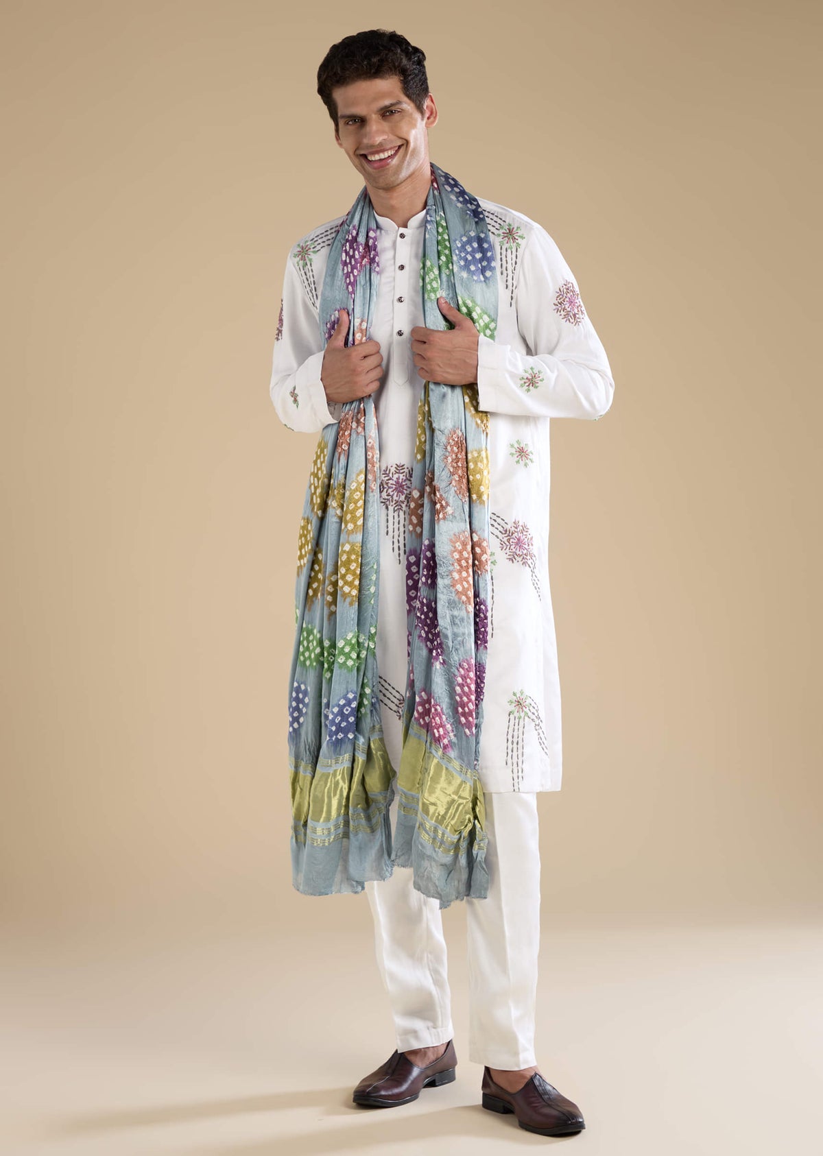 White Hand Embroidered Silk Kurta And Pant Set