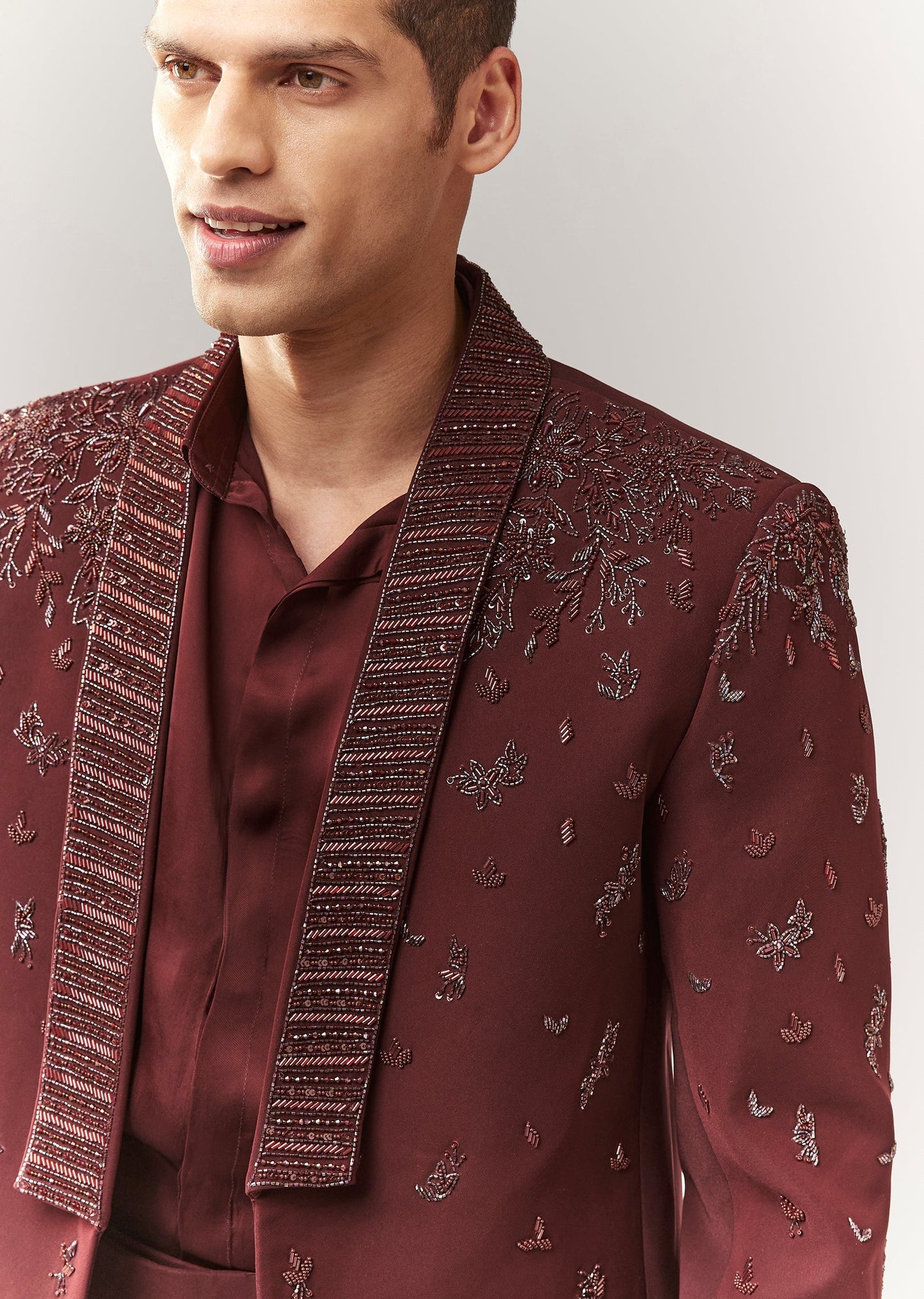 Wine Blazer Set With Hand Embroidery And Linen Shirt