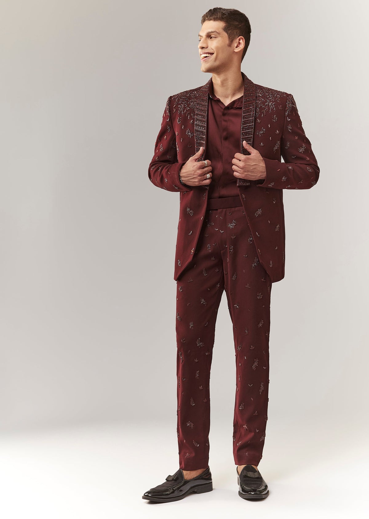 Wine Blazer Set With Hand Embroidery And Linen Shirt