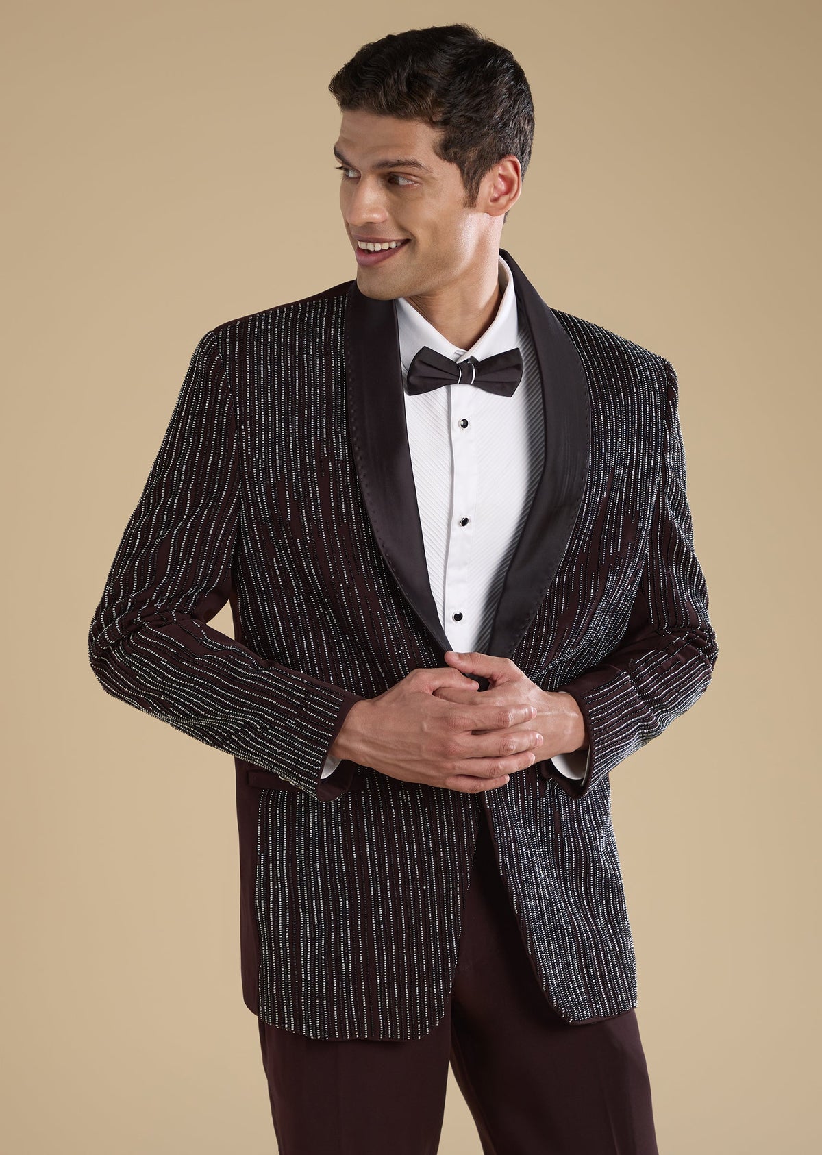 Wine Embellished Tuxedo Set With Bow Shirt And Trousers