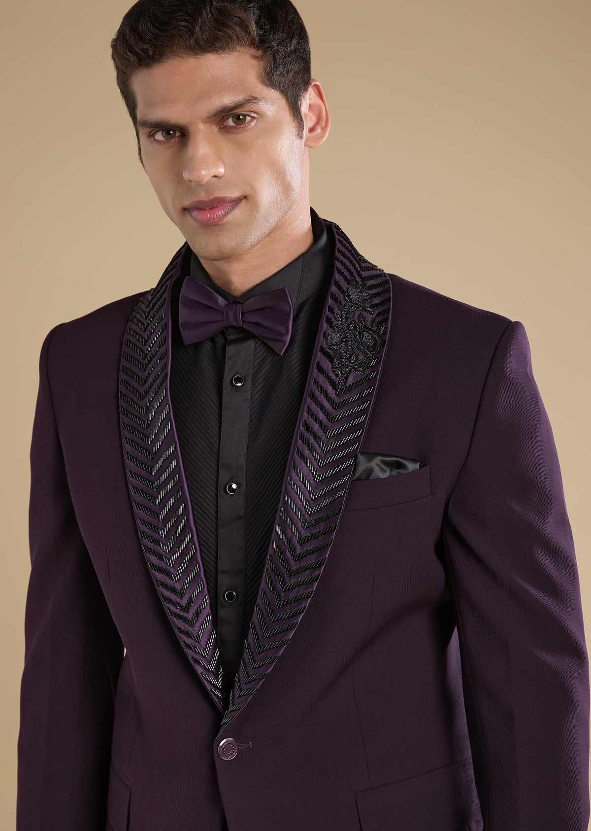 Wine Embroidered Tuxedo Set With Bow Shirt And Trousers