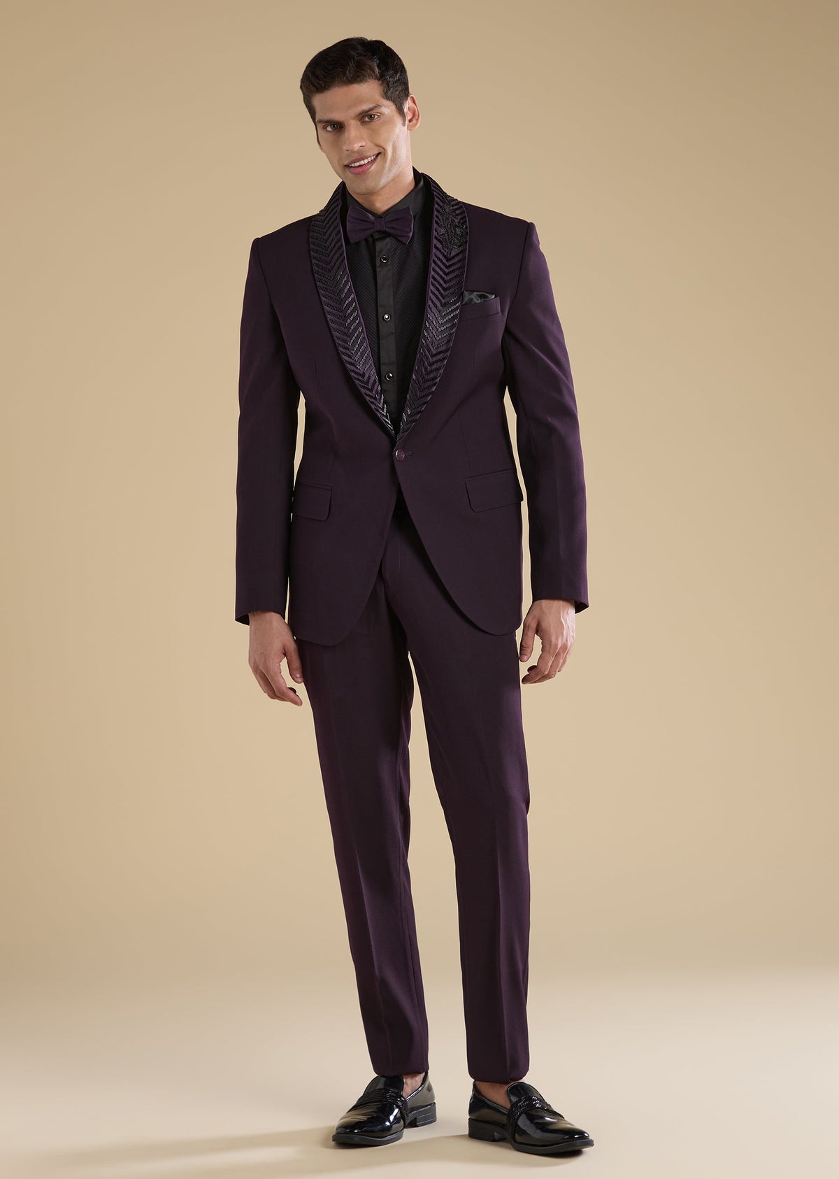 Wine Embroidered Tuxedo Set With Bow Shirt And Trousers
