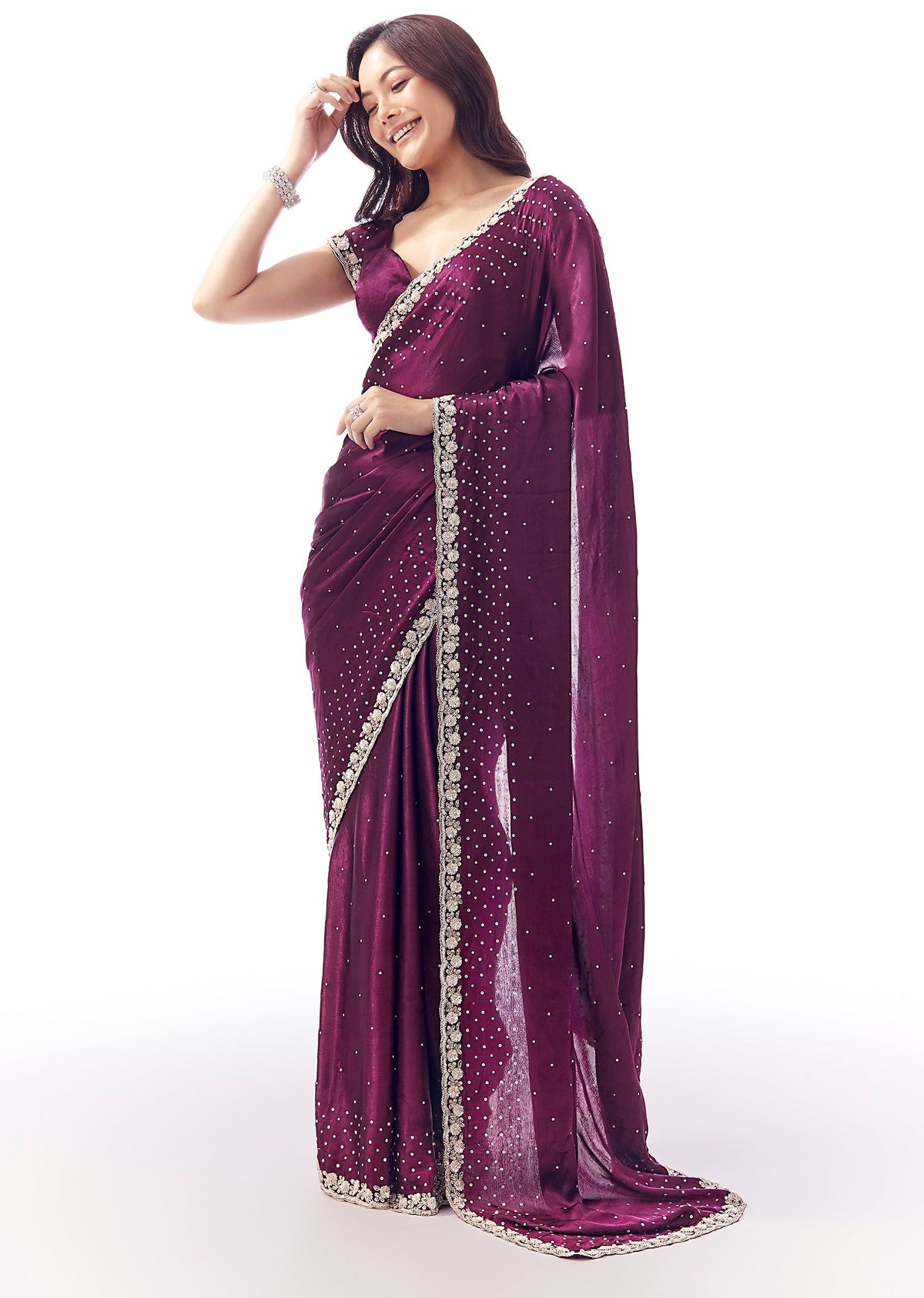 Wine Satin Chinon Saree With All Over Sequin Embellishment