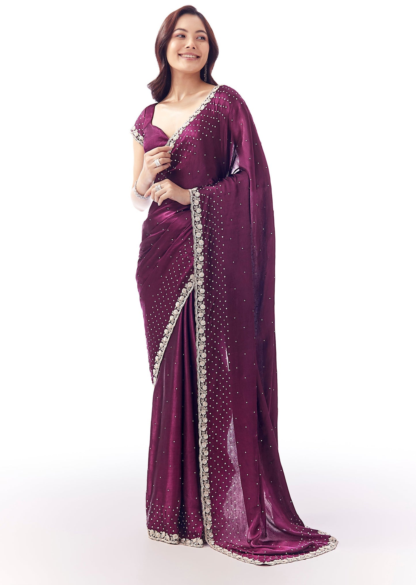 Wine Satin Chinon Saree With All Over Sequin Embellishment