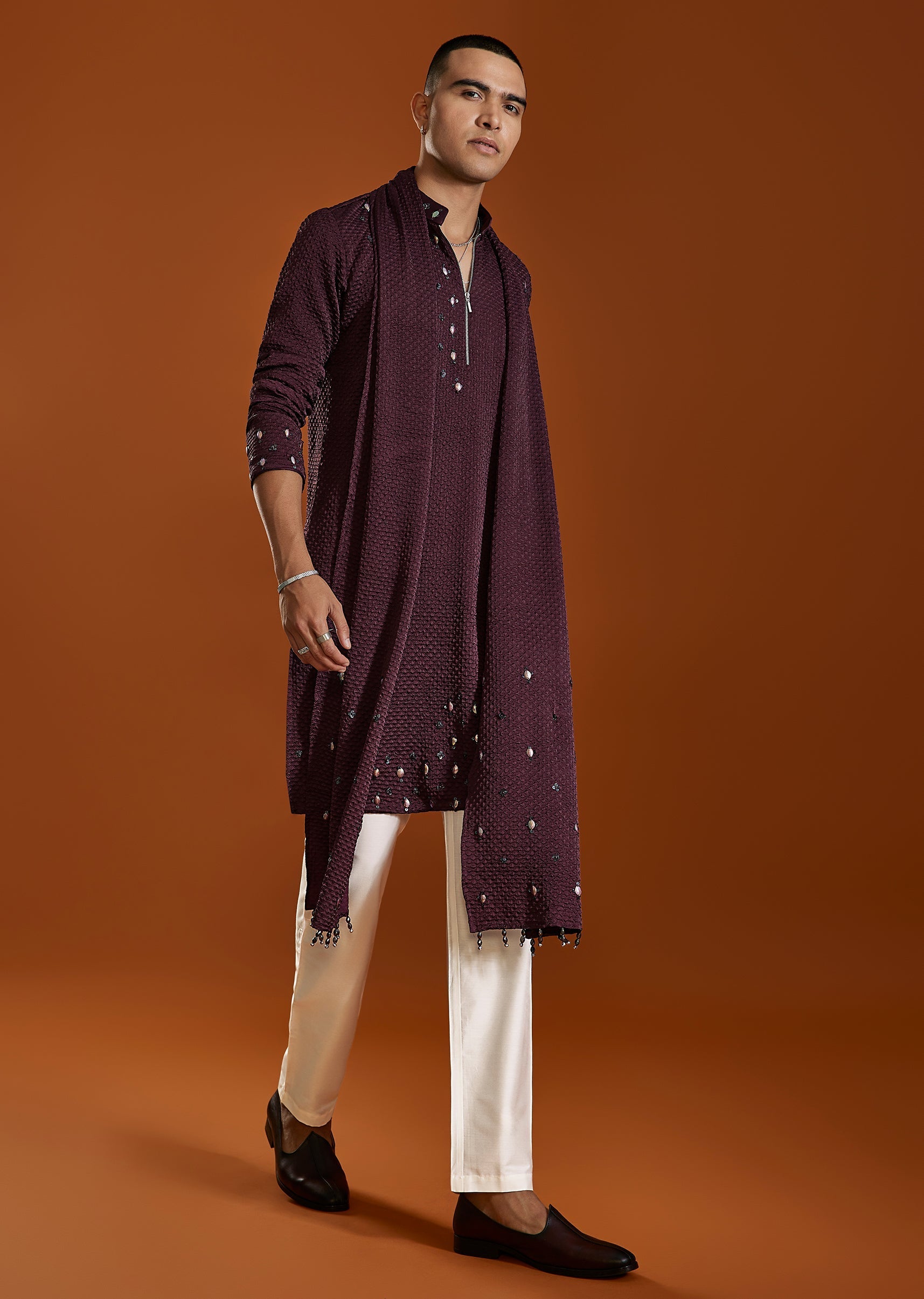 Wine Silk Kurta Set With Dupatta