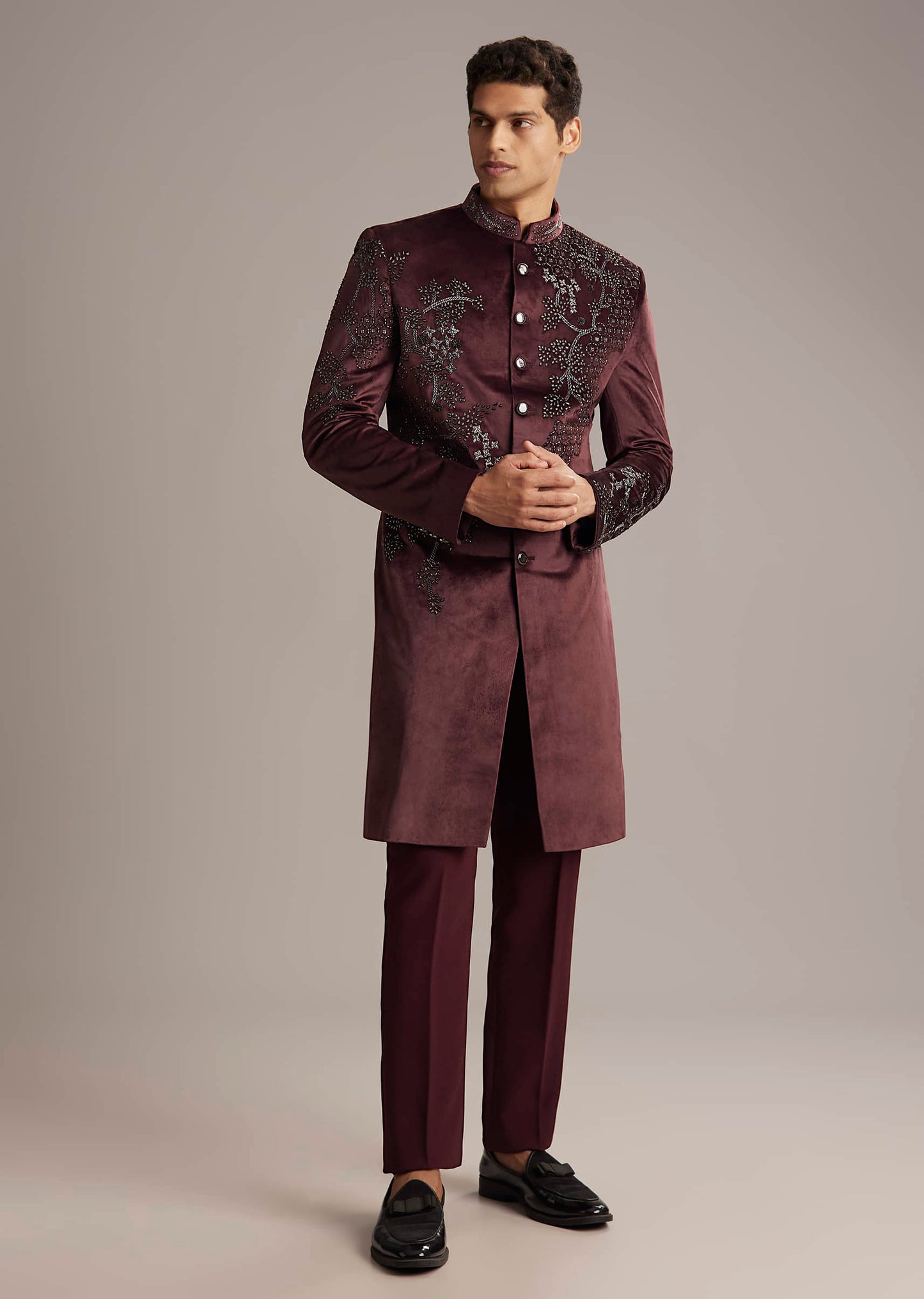 Wine Velvet Indo Western Set For Men With Intricate Hand Embroidery