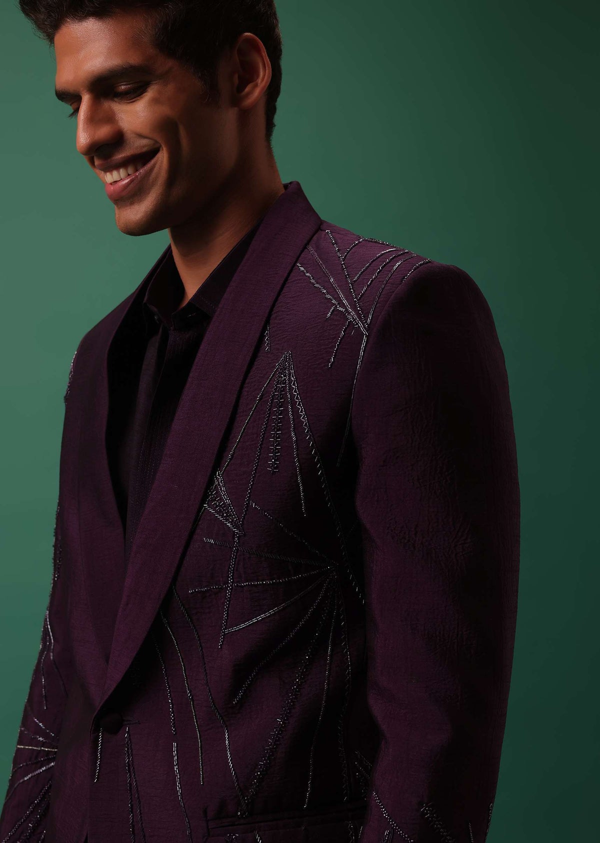 Wine Hand Embroidered Tuxedo Set With Fusing Pants
