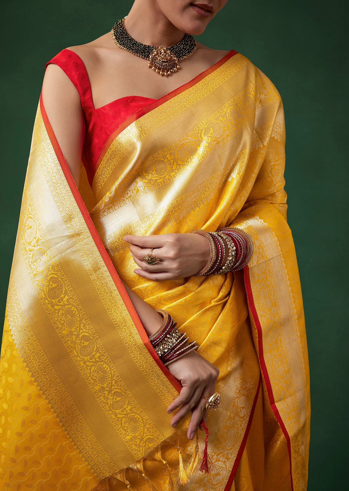 Yellow Bridal Kanjivaram Zari Woven Saree with Unstitched Blouse