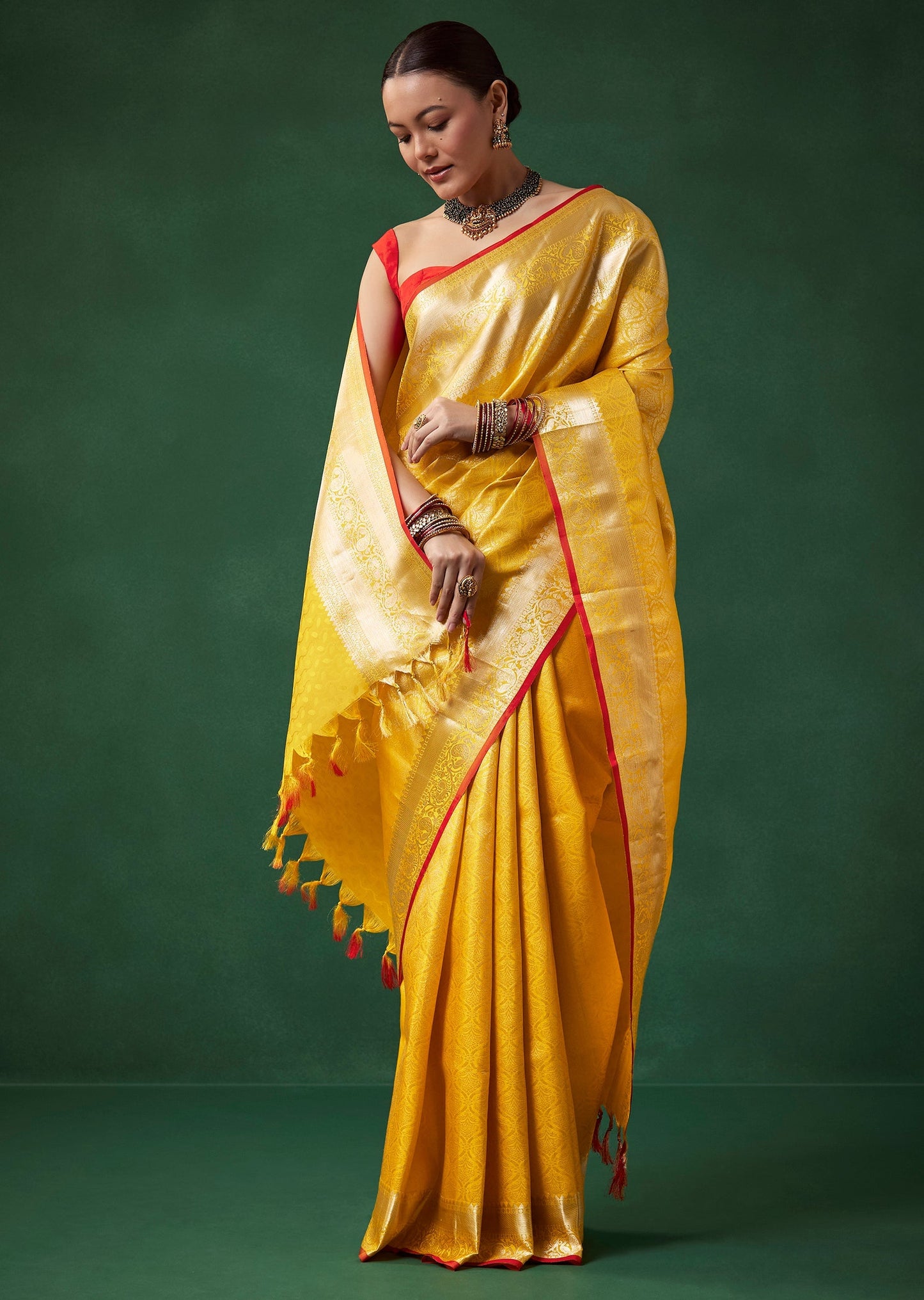 Yellow Bridal Kanjivaram Zari Woven Saree with Unstitched Blouse