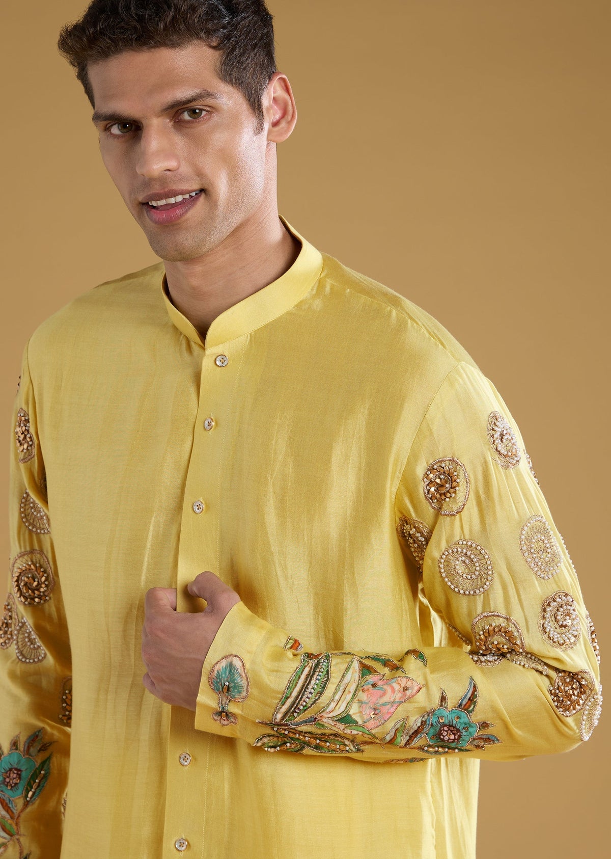 Yellow Chanderi Moti Work Mens Kurta Set