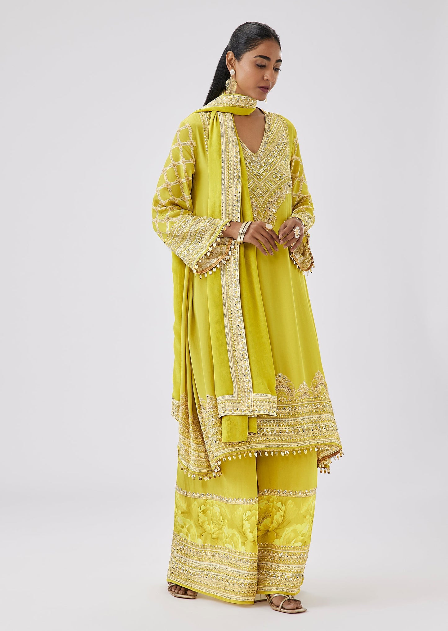 Yellow Mirror And Sequin Palazzo Suit