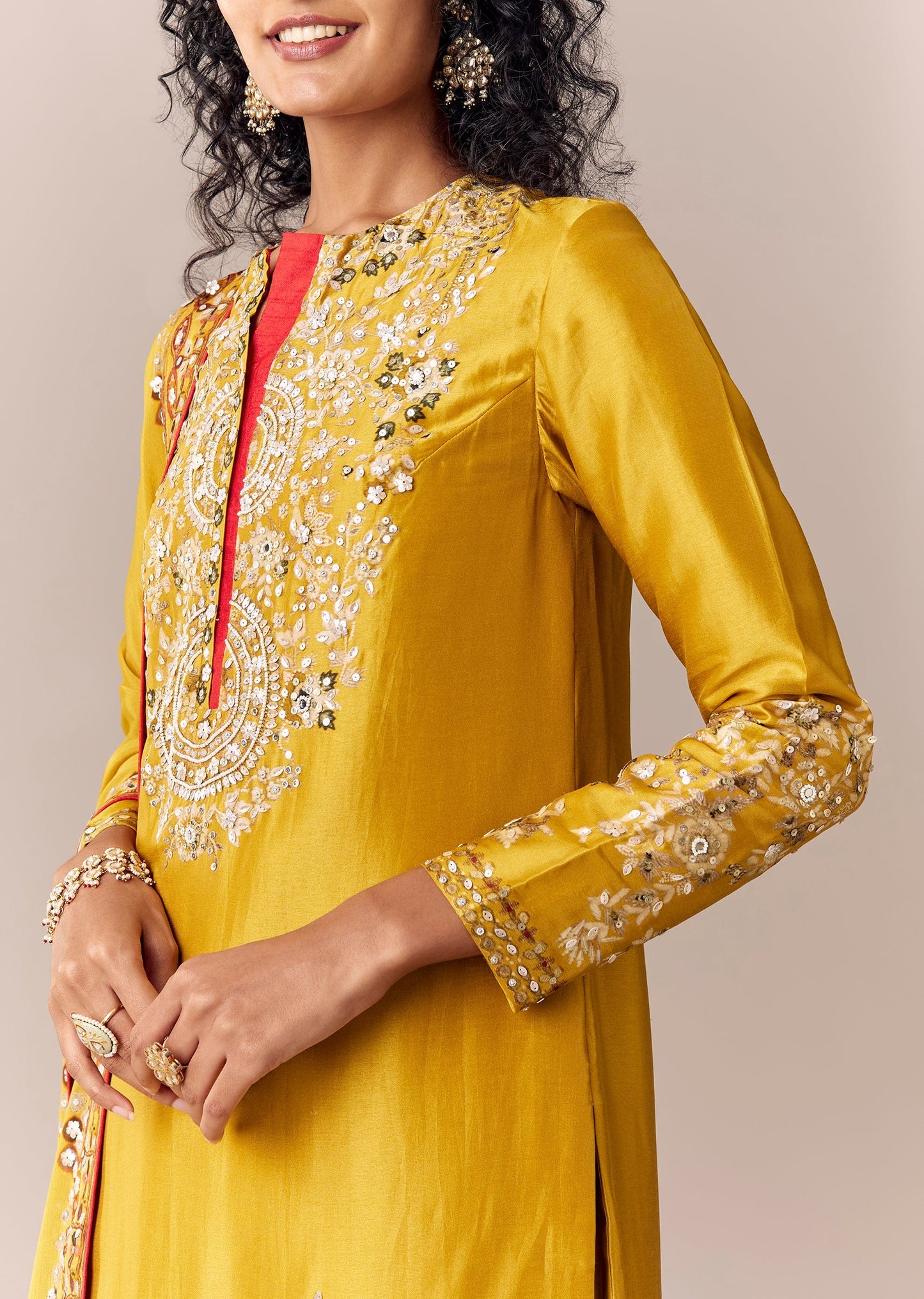 Yellow Printed Kurta Pant Set With Sequin Embroidery