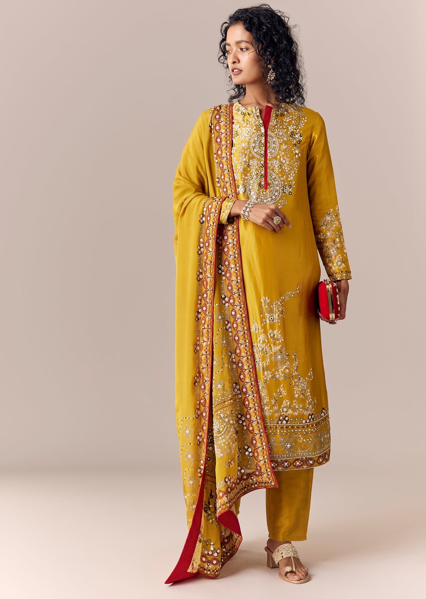 Yellow Printed Kurta Pant Set With Sequin Embroidery
