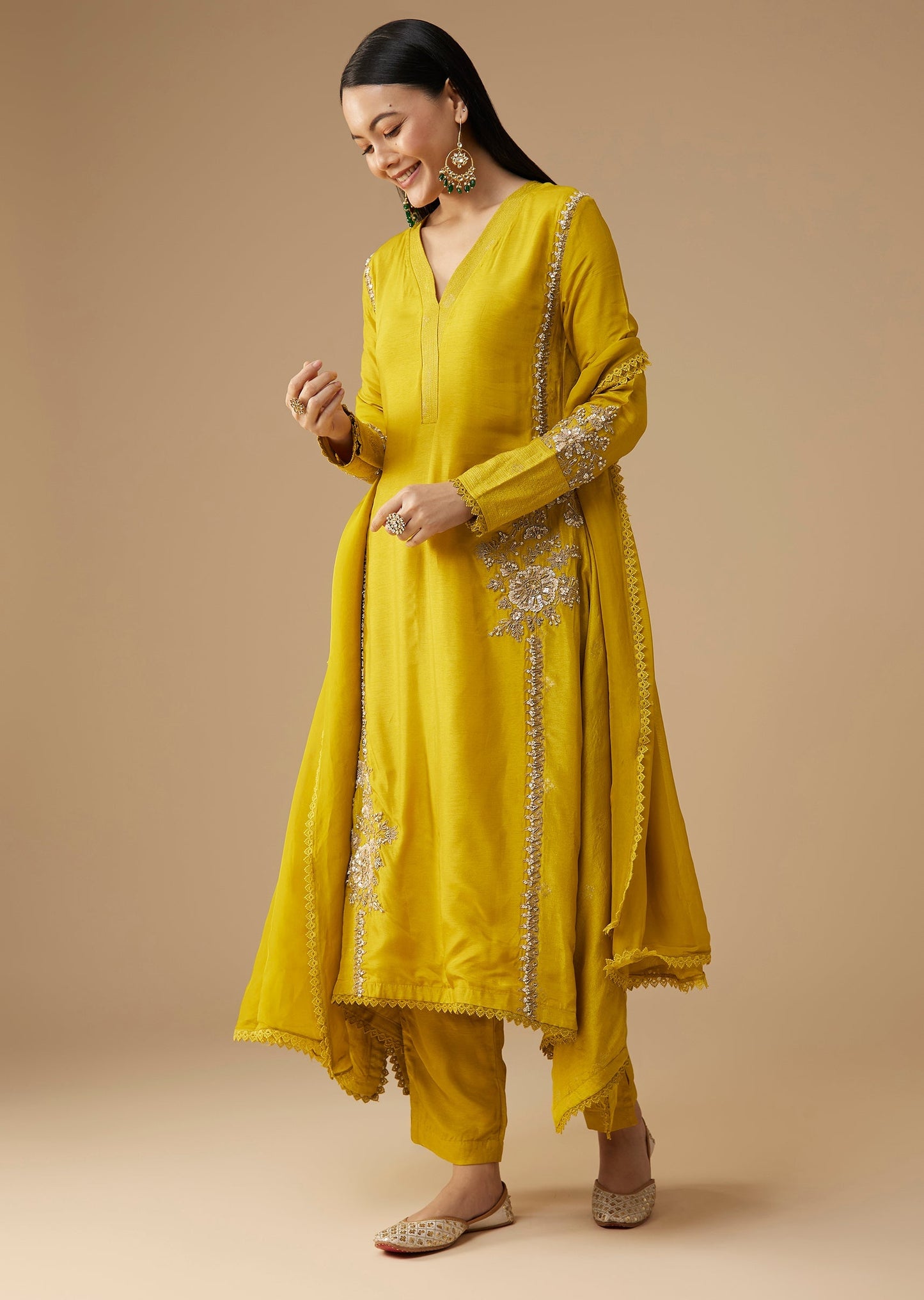 Yellow Sequin Embellished A-Line Anarkali Set