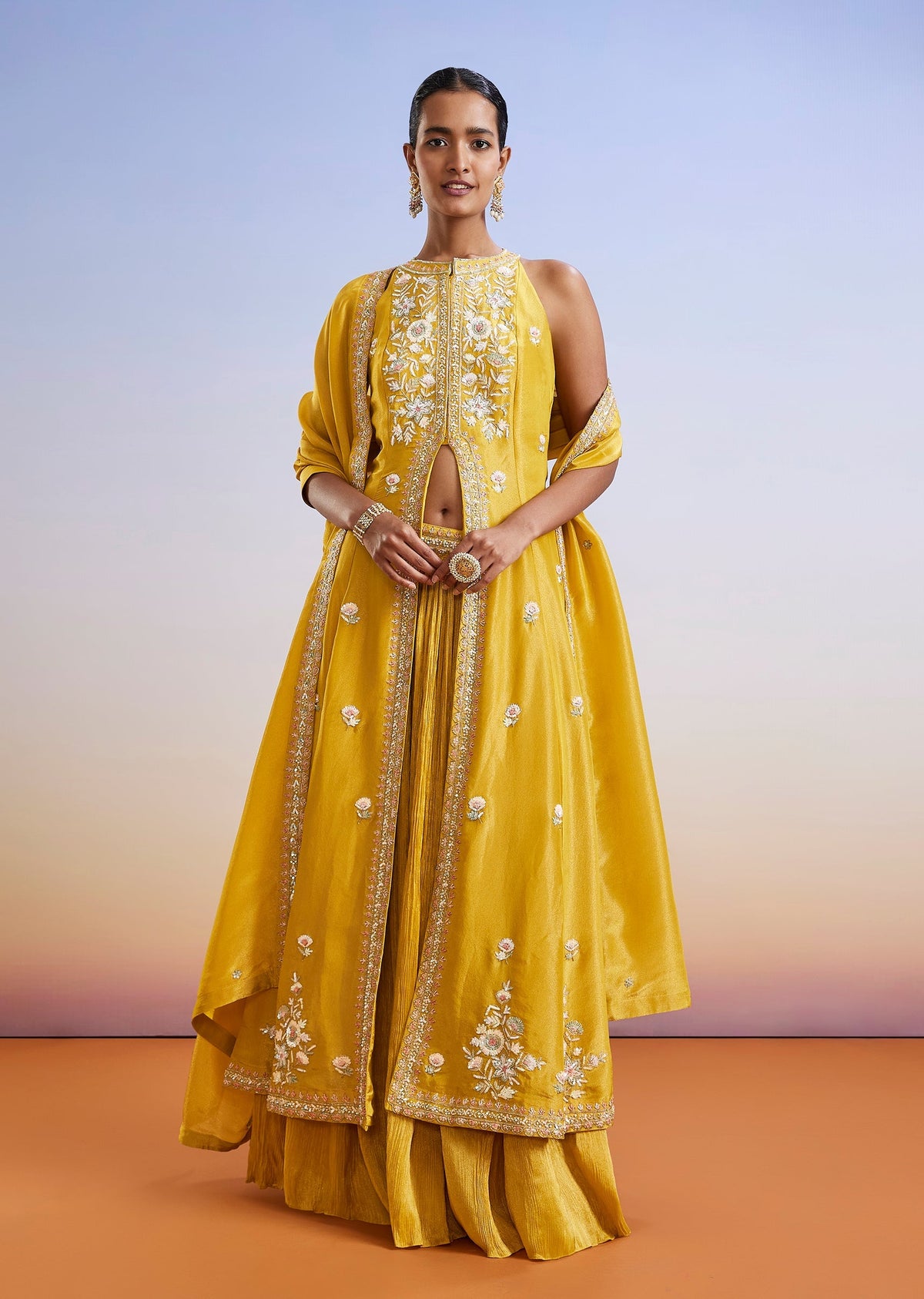 Yellow Sequins Embroidered Front Slit Anarkali Suit With Dupatta