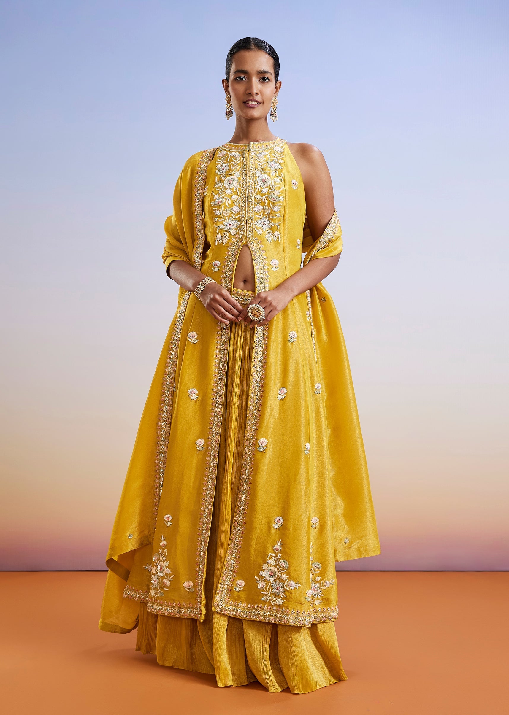 Yellow Sequins Embroidered Front Slit Anarkali Suit With Dupatta