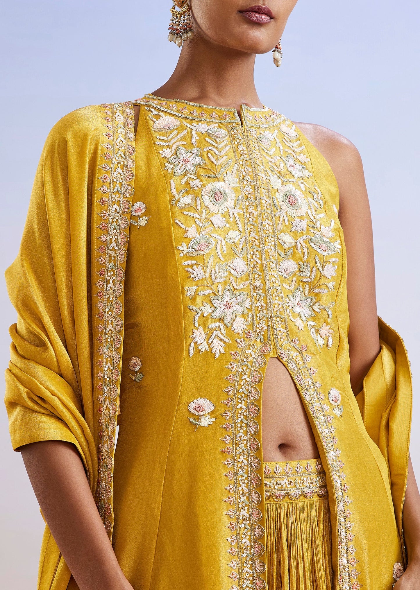 Yellow Sequins Embroidered Front Slit Anarkali Suit With Dupatta