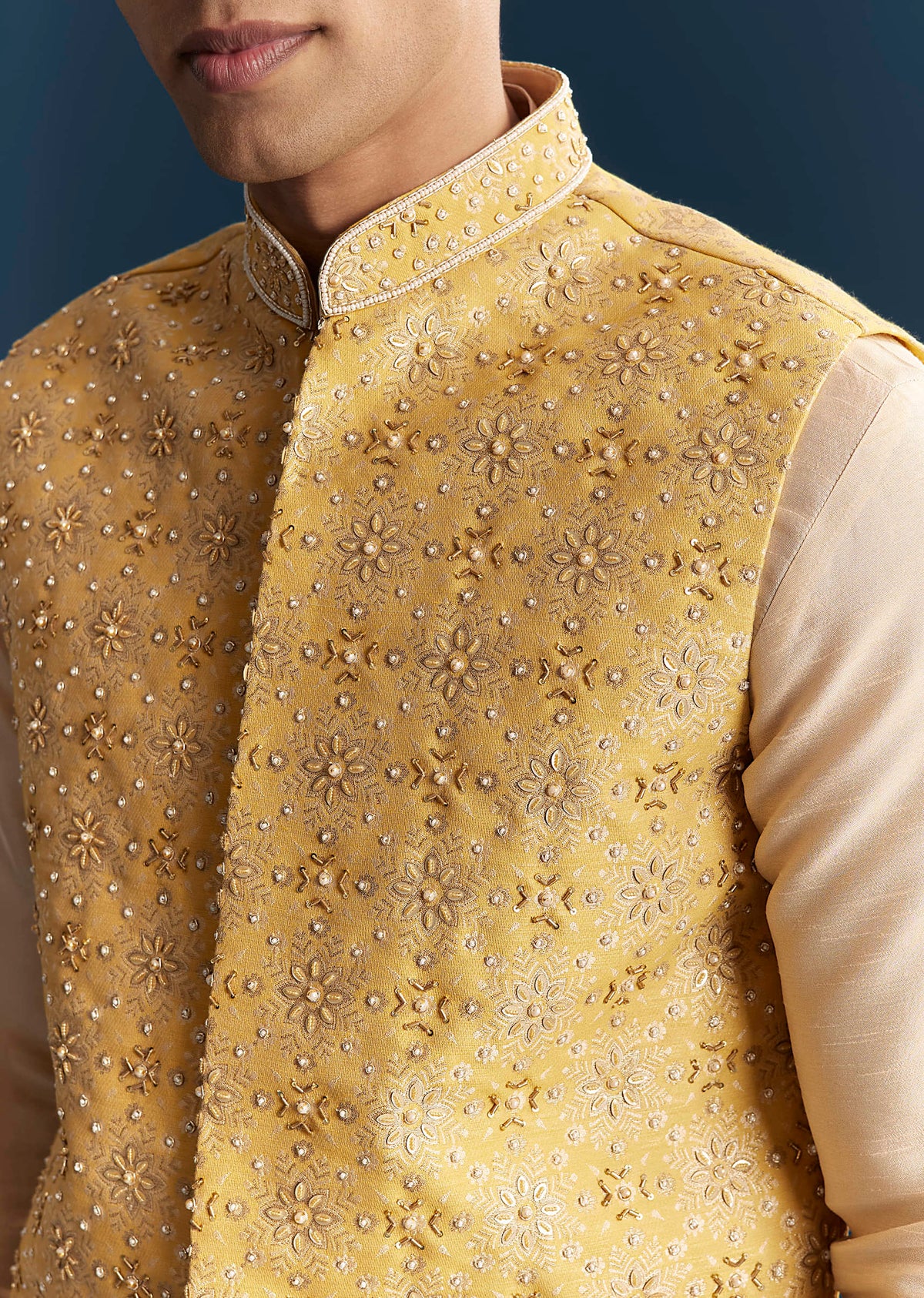 Yellow Silk Kurta Jacket Set For Men With Heavy Hand Embroidery