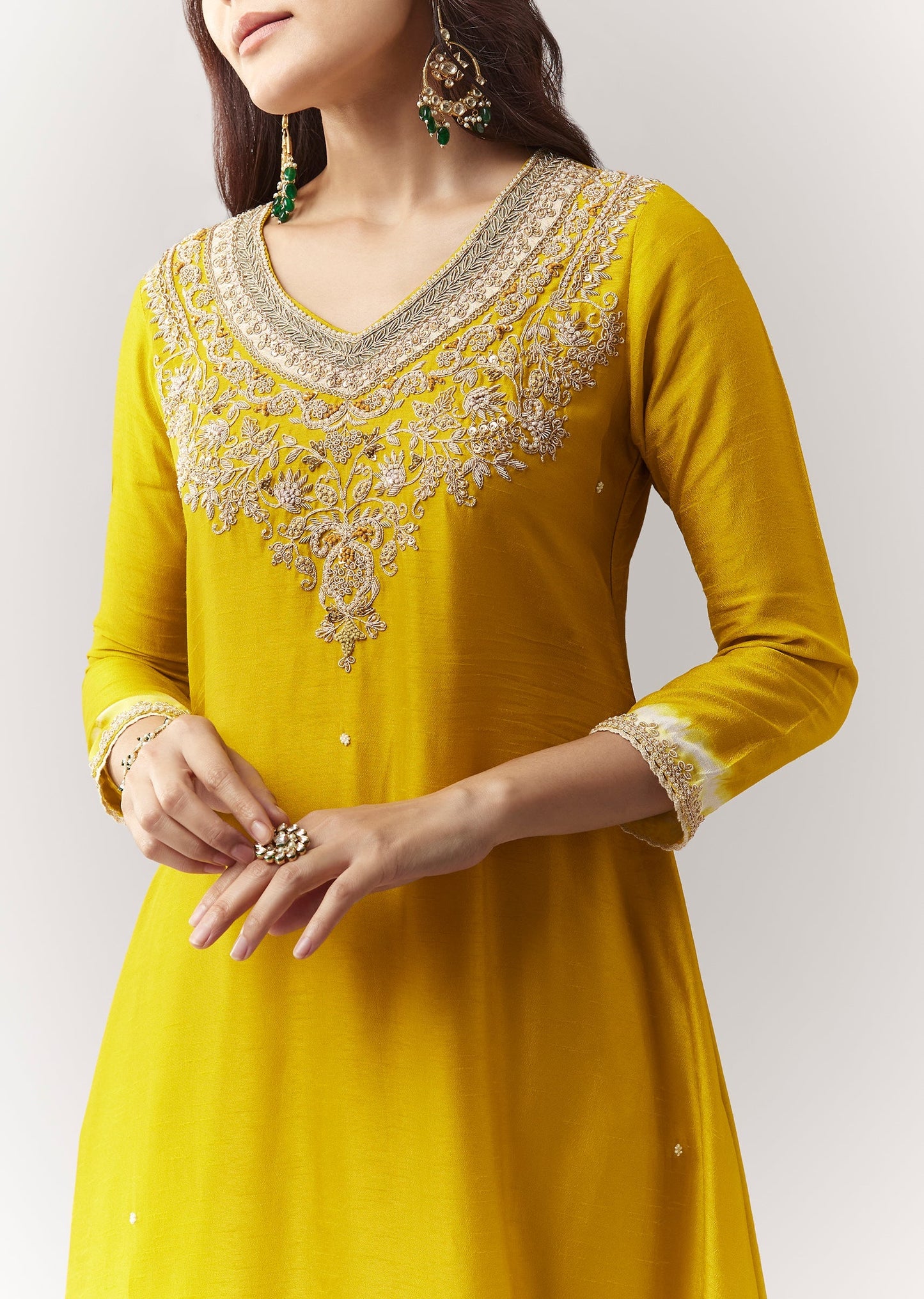 Yellow Zardosi Kurta Straight Pant Coord With Leheriya Border