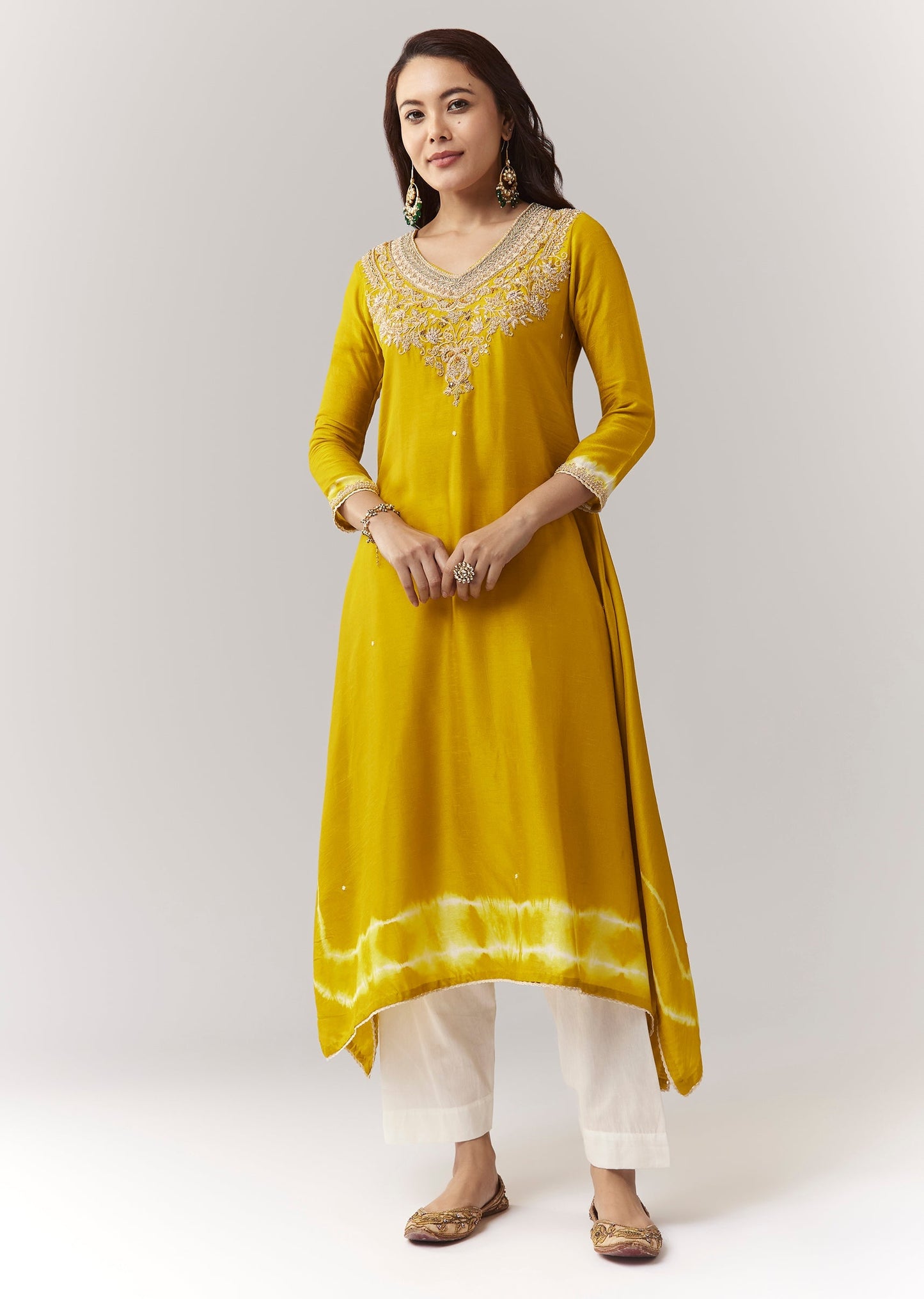 Yellow Zardosi Kurta Straight Pant Coord With Leheriya Border