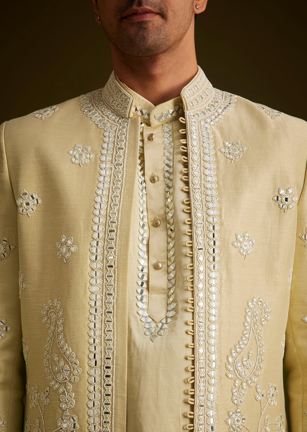 Yellow Hand Embroidered Sherwani Set