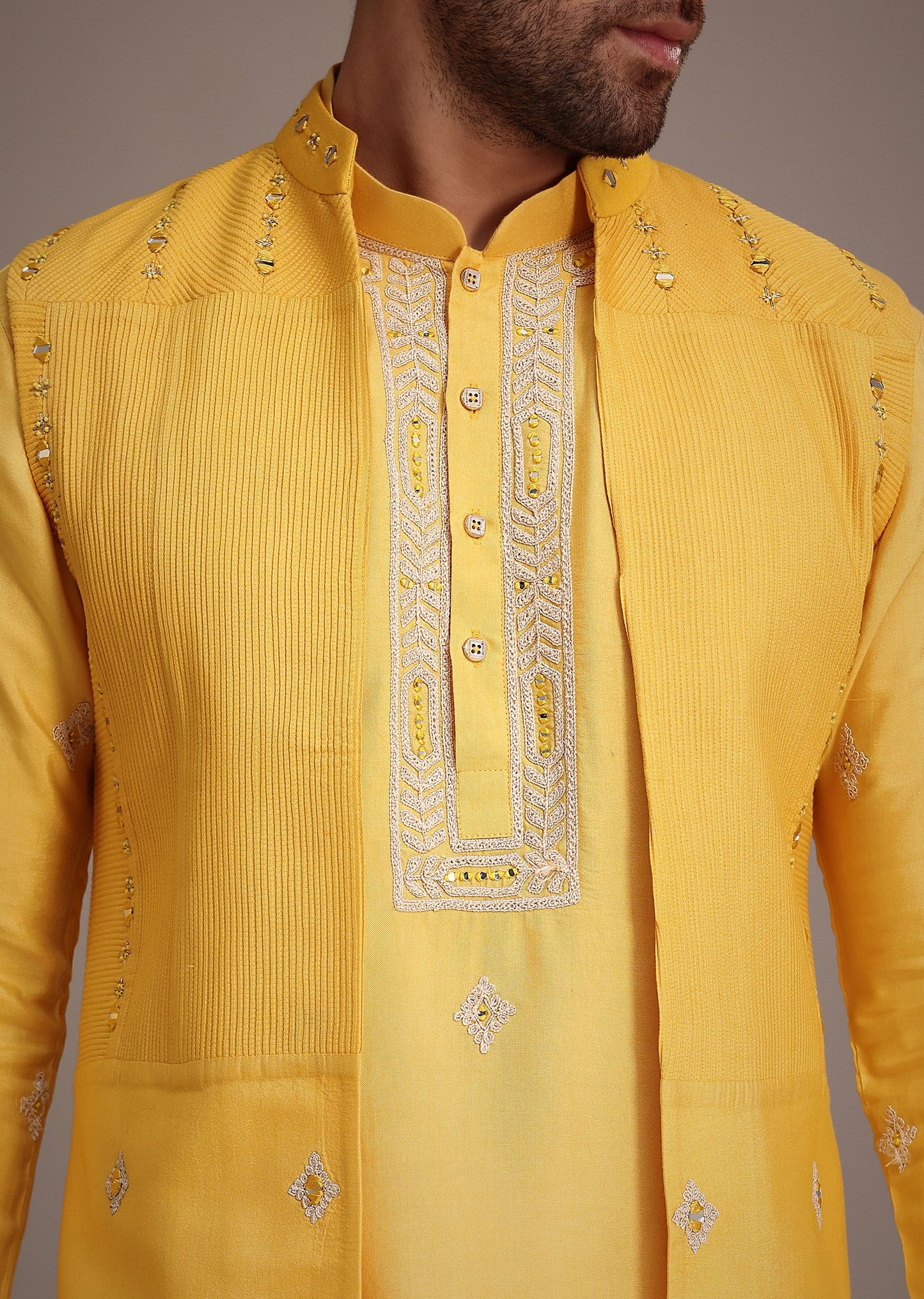 Yellow Silk Mirror Embroidered Kurta Jacket Set